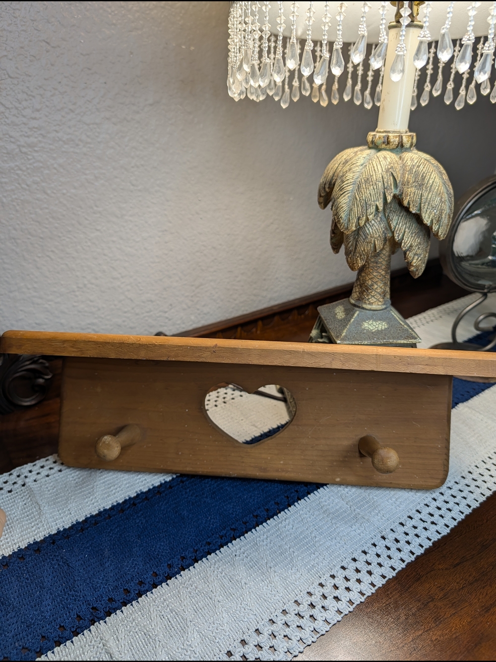 Vintage Wood Heart Peg Shelf Brown Cottage Country Folk